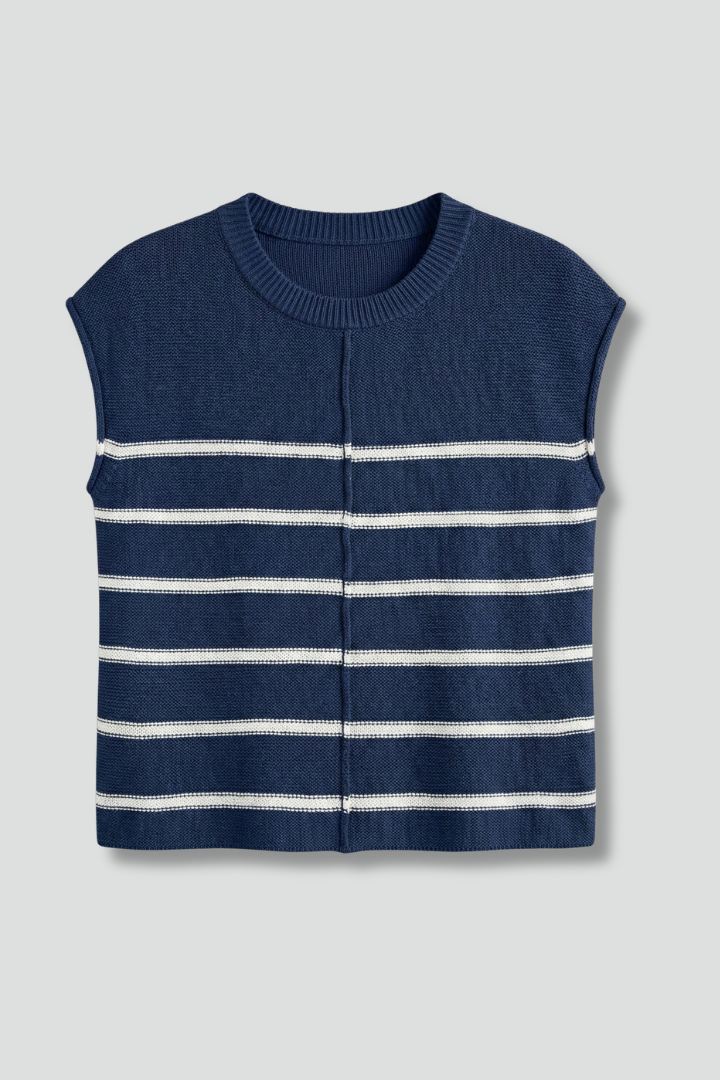 Women’s sleeveless knit top with round neckline and horizontal stripes, designed for casual wear and summer outfits