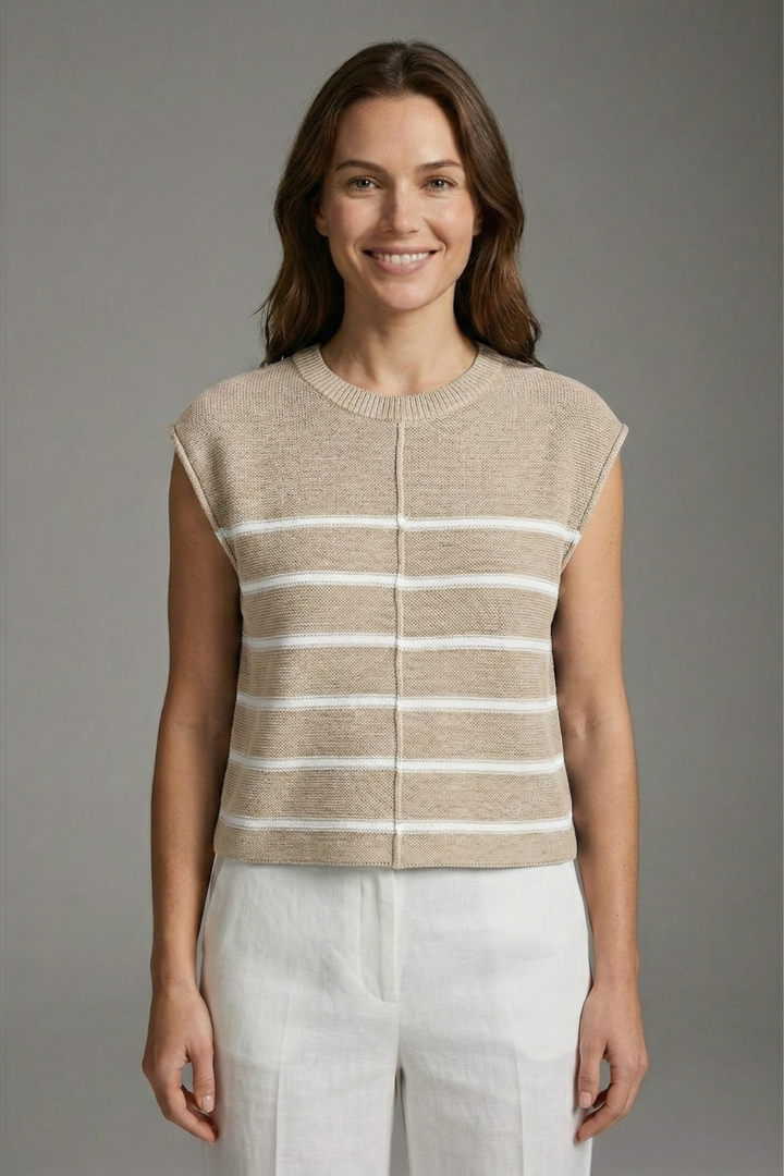 Women’s sleeveless knit top with round neckline and horizontal stripes, designed for casual wear and summer outfits