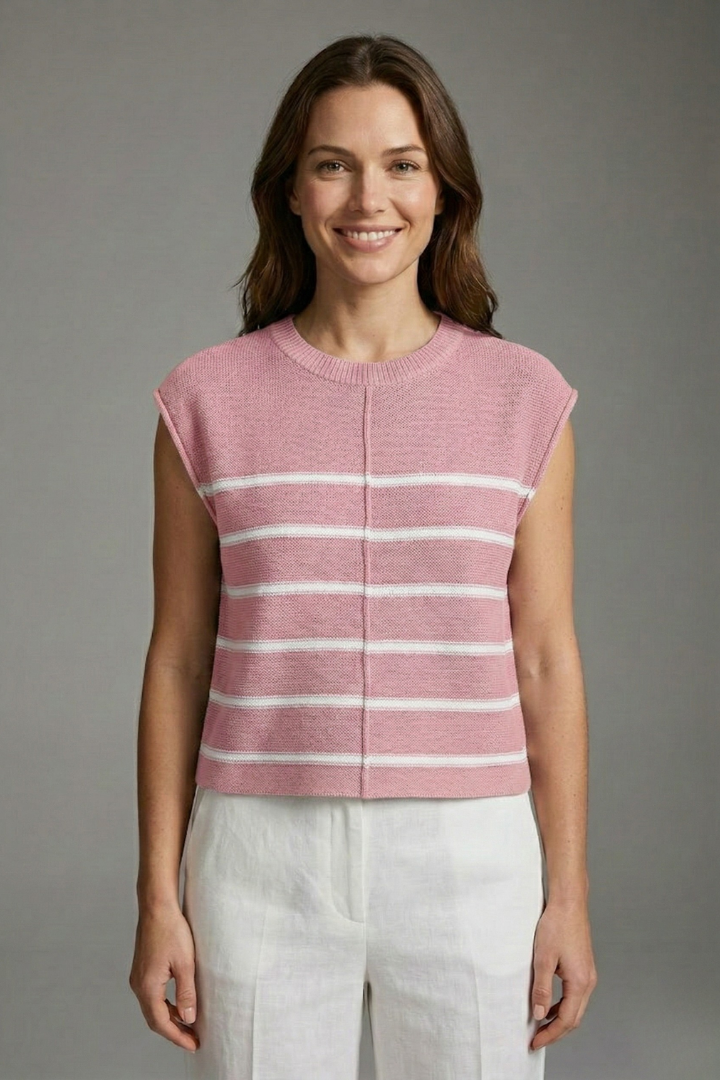 Women’s sleeveless knit top with round neckline and horizontal stripes, designed for casual wear and summer outfits