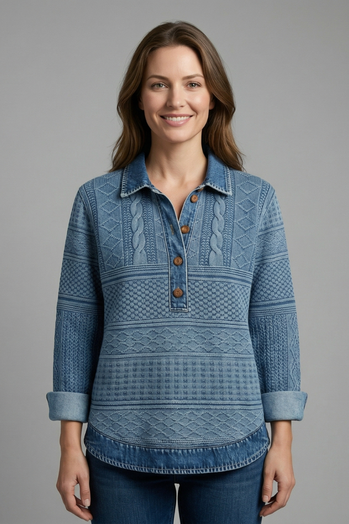Women’s knit top with lapel collar, textured braided pattern, partial button closure, and long sleeves for everyday styling.