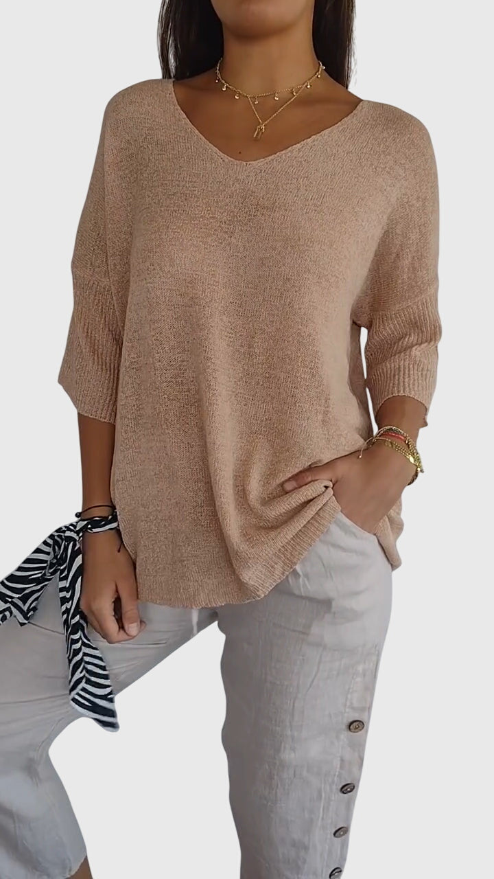 Women’s knit top with V-neckline and soft fit, ideal for layering, casual outfits, office wear, and everyday styling.