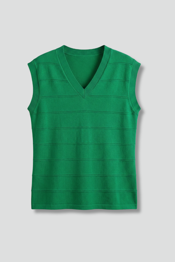 Women’s knit top with v-neckline and horizontal textured bands, designed for casual wear and office outfits