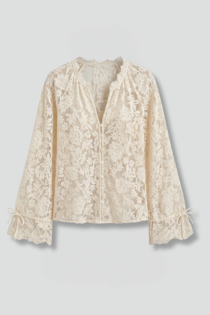 Women’s sheer lace blouse with floral texture, V-neckline button closure, and long flared sleeves for elegant everyday styling.