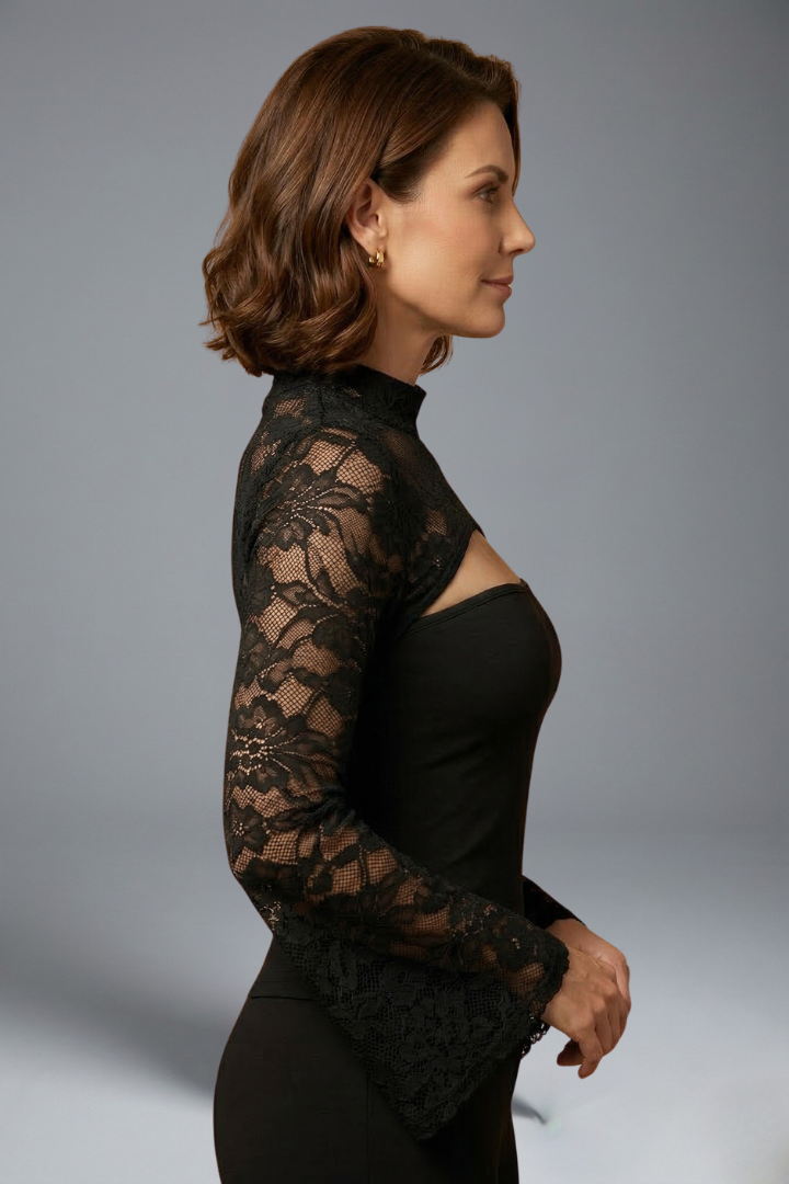 Women’s lace top with bandeau neckline, cut out detail, wide semi-transparent sleeves, and fitted silhouette for evening styling.