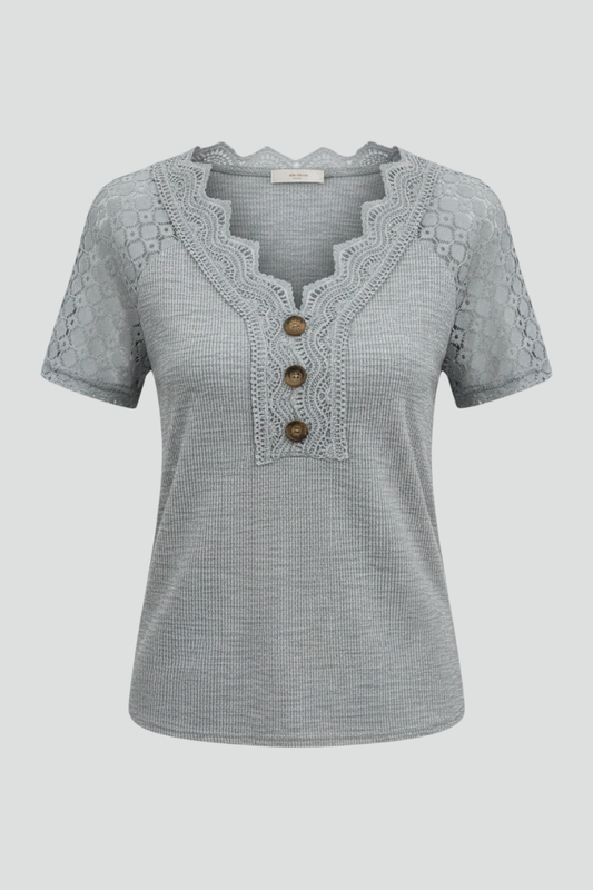 Women’s T-shirt with V-neckline and lace shoulder detailing, suitable for everyday wear and casual outfits.