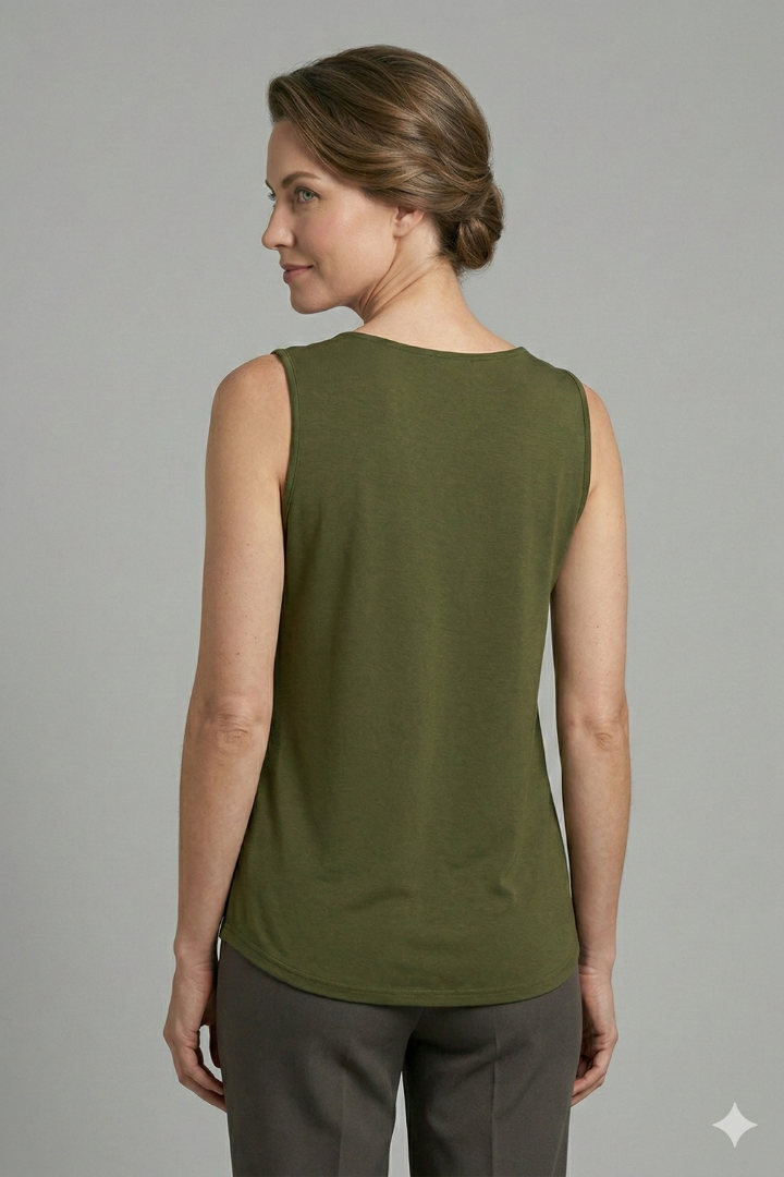 Women’s sleeveless tank top with layered V-neckline, wide straps, and rounded hem, suitable for casual wear and everyday layering.