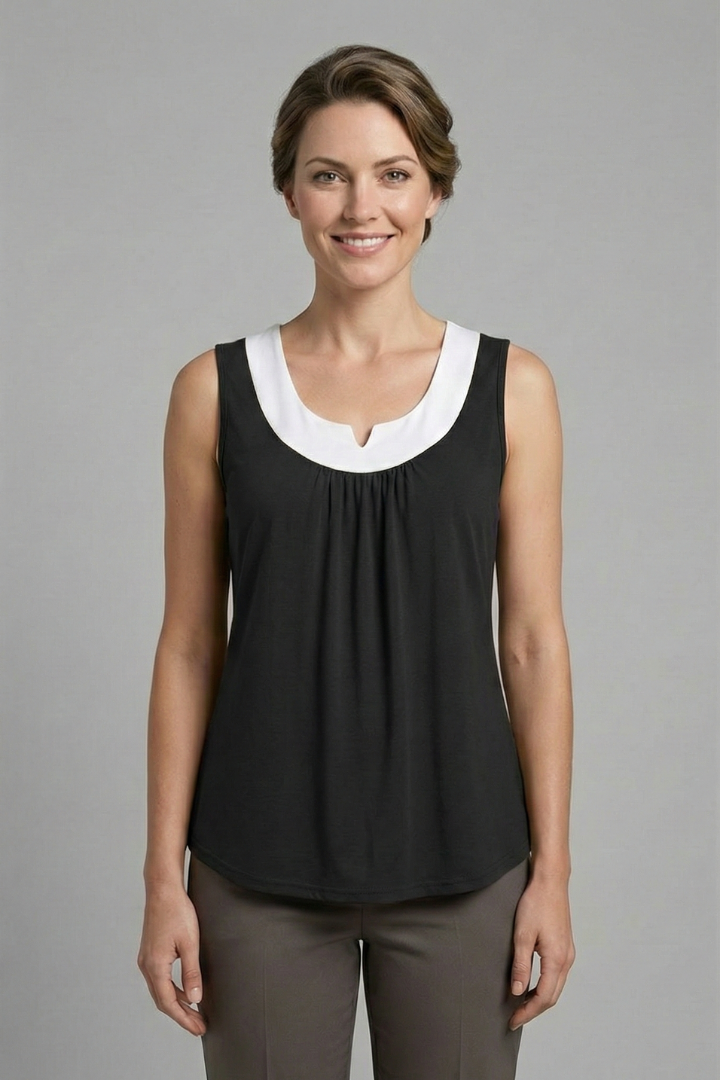 Women’s sleeveless tank top with layered V-neckline, wide straps, and rounded hem, suitable for casual wear and everyday layering.