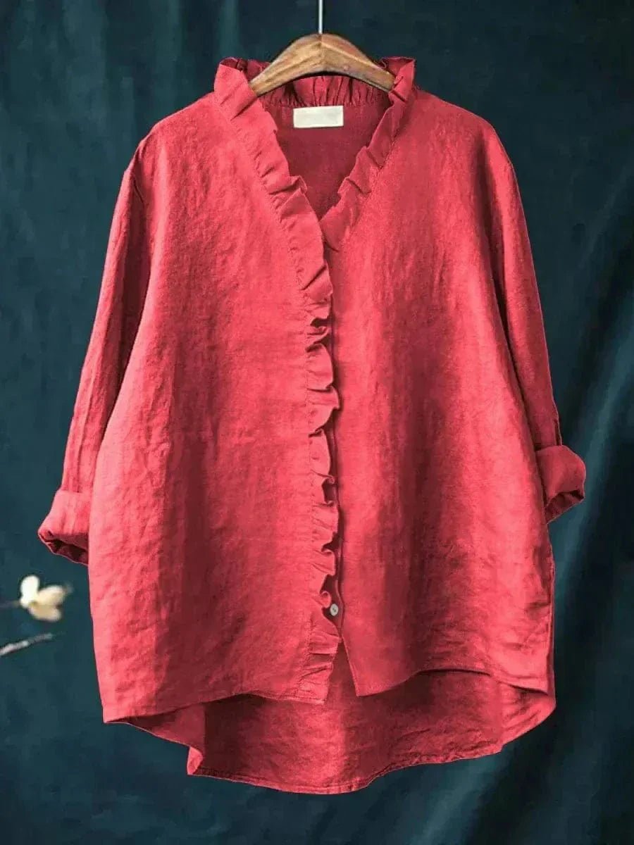 Women’s linen blouse with ruffle neckline and relaxed fit, suitable for summer wear, office outfits, and casual occasions.