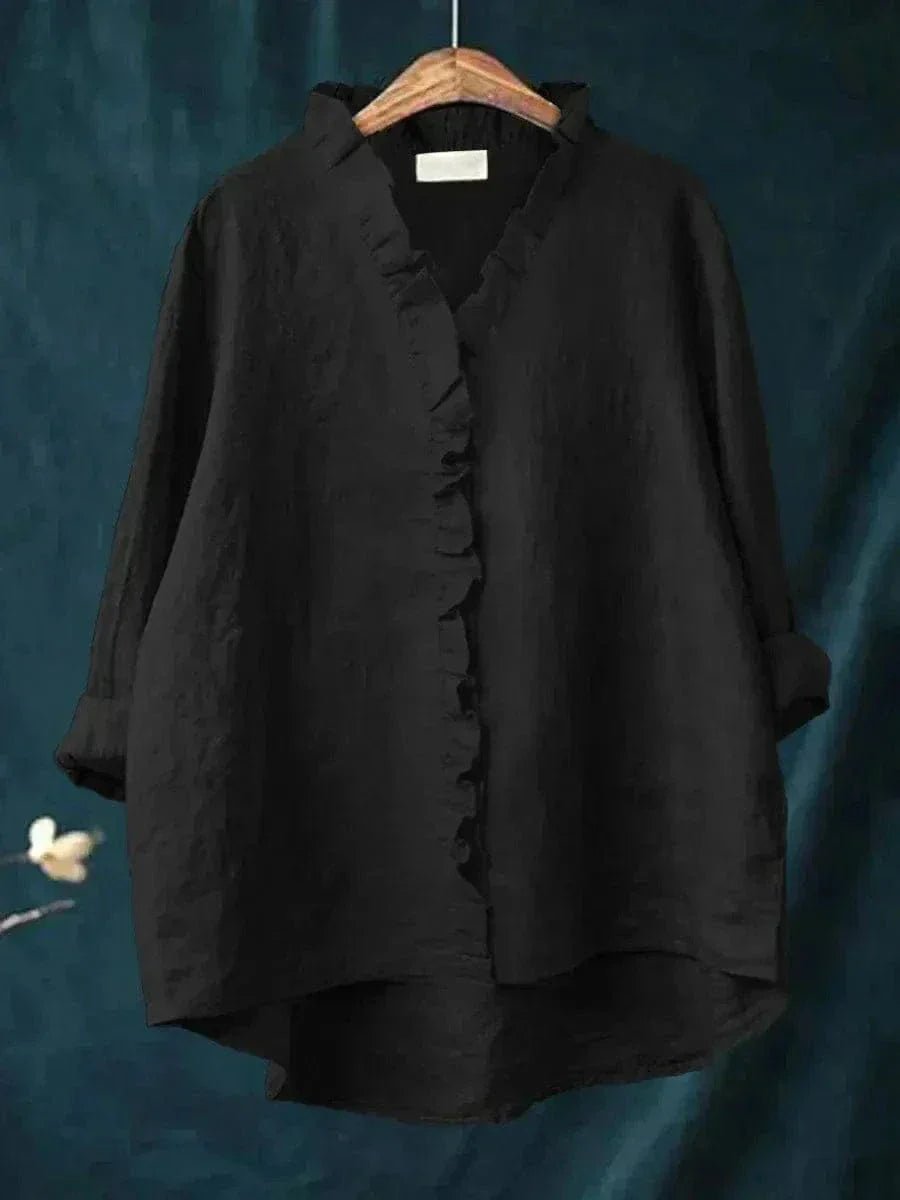 Women’s linen blouse with ruffle neckline and relaxed fit, suitable for summer wear, office outfits, and casual occasions.
