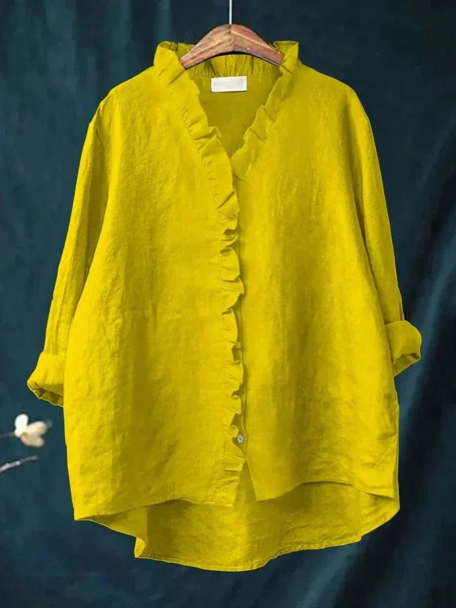 Women’s linen blouse with ruffle neckline and relaxed fit, suitable for summer wear, office outfits, and casual occasions.