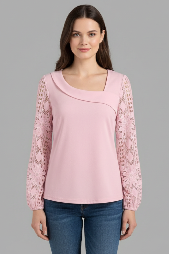 Women’s long sleeve blouse with lace sleeves and cut out detailing, featuring a round neckline and straight hem for office or evening wear.