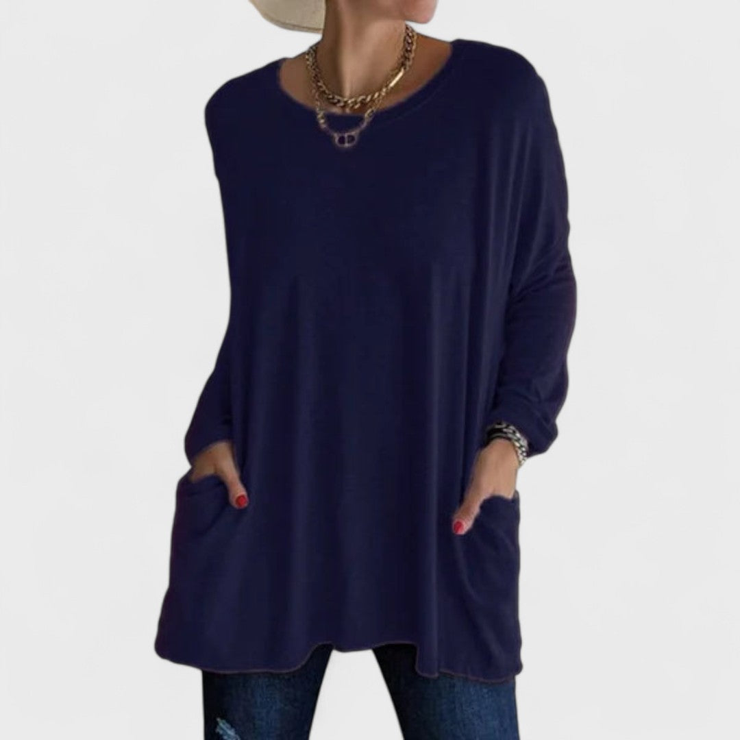Women’s long sleeve top with a relaxed fit and flattering drape, ideal for everyday wear, layering, casual outings, and versatile styling.