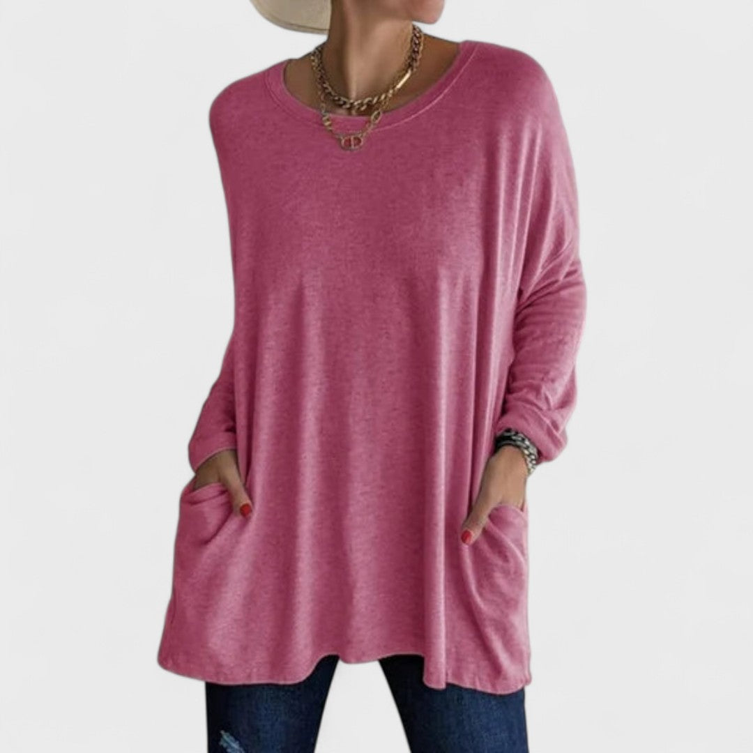 Women’s long sleeve top with a relaxed fit and flattering drape, ideal for everyday wear, layering, casual outings, and versatile styling.