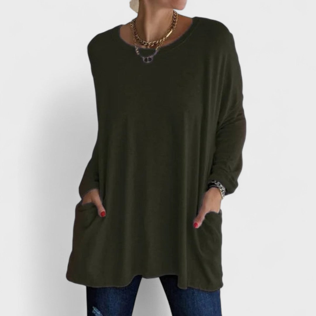 Women’s long sleeve top with a relaxed fit and flattering drape, ideal for everyday wear, layering, casual outings, and versatile styling.