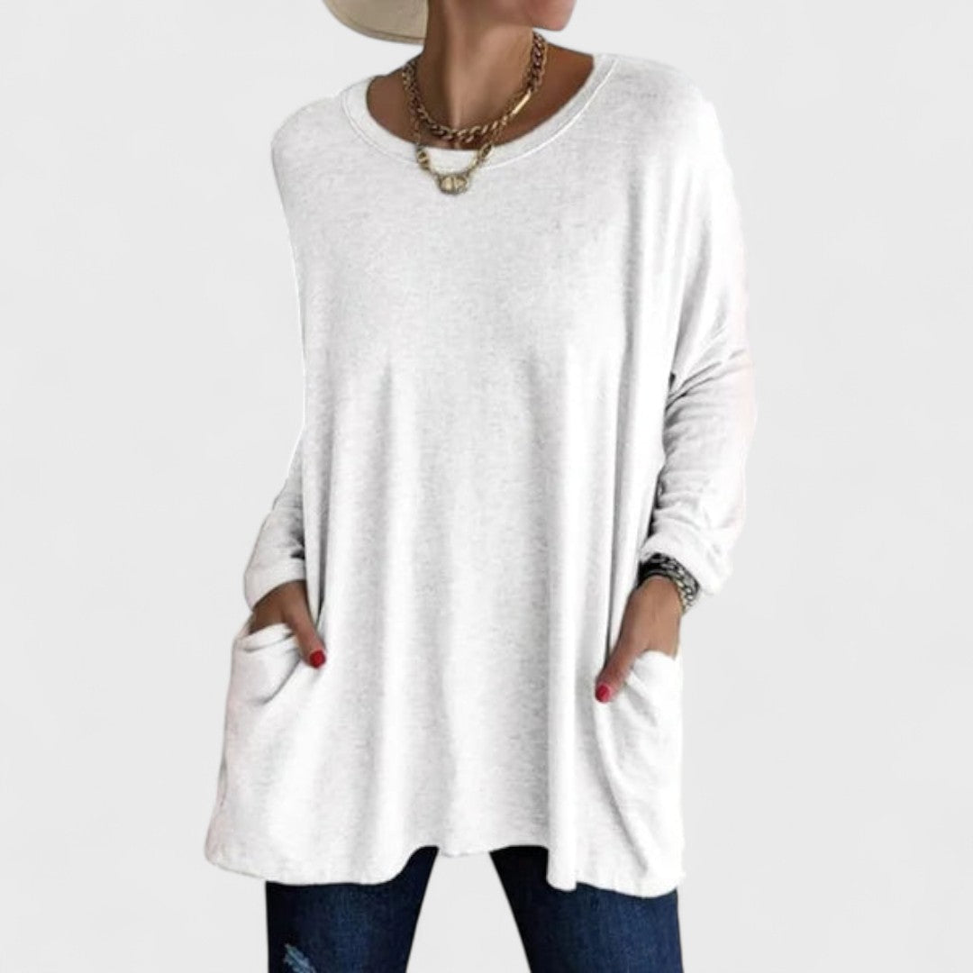 Women’s long sleeve top with a relaxed fit and flattering drape, ideal for everyday wear, layering, casual outings, and versatile styling.
