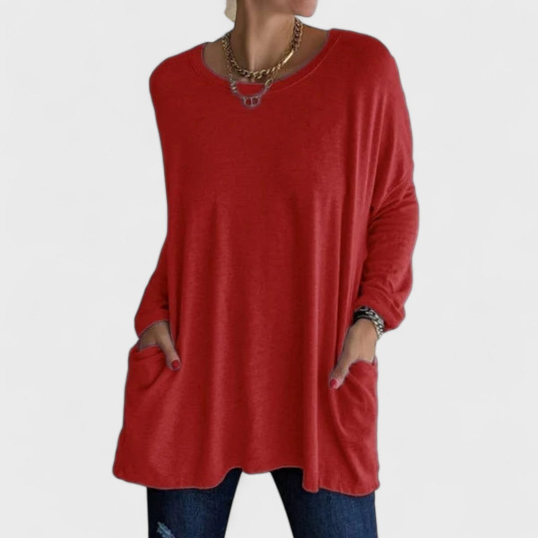 Women’s long sleeve top with a relaxed fit and flattering drape, ideal for everyday wear, layering, casual outings, and versatile styling.
