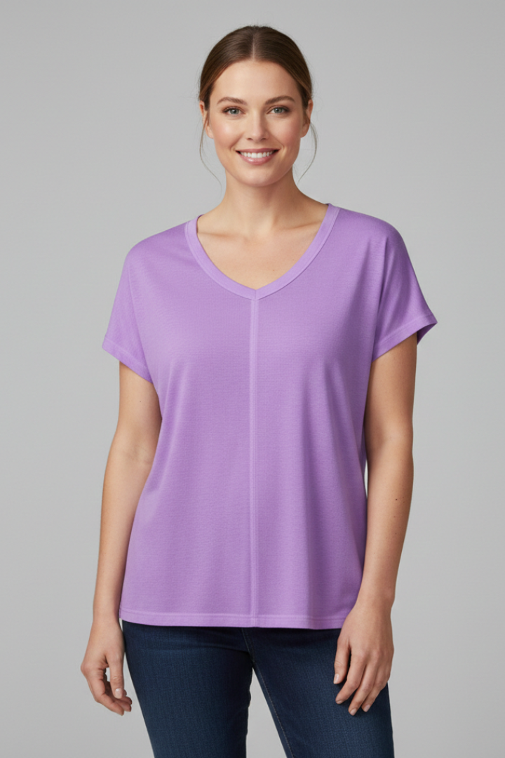 Women’s loose-fit T-shirt with V-neckline and side slit hem detail, designed for everyday wear and casual styling.