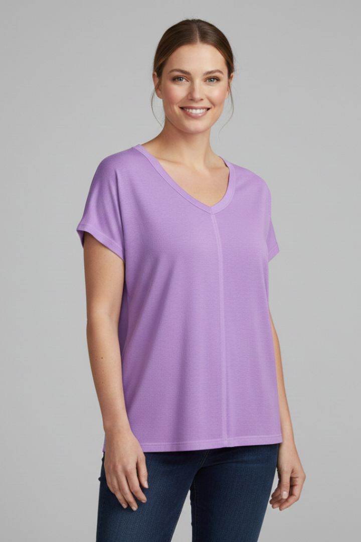 Women’s loose-fit T-shirt with V-neckline and side slit hem detail, designed for everyday wear and casual styling.