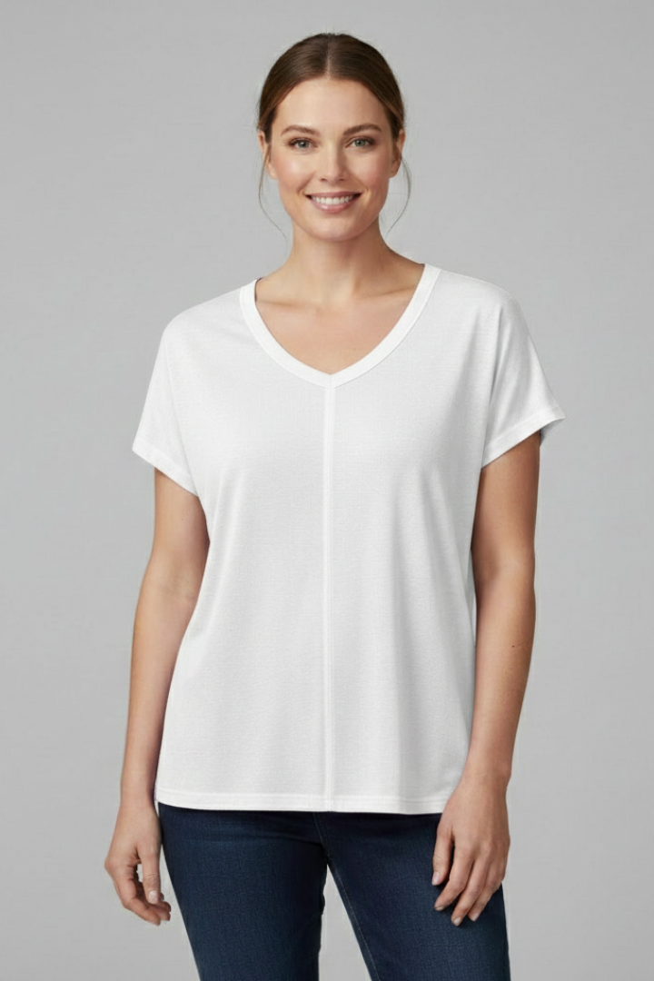 Women’s loose-fit T-shirt with V-neckline and side slit hem detail, designed for everyday wear and casual styling.