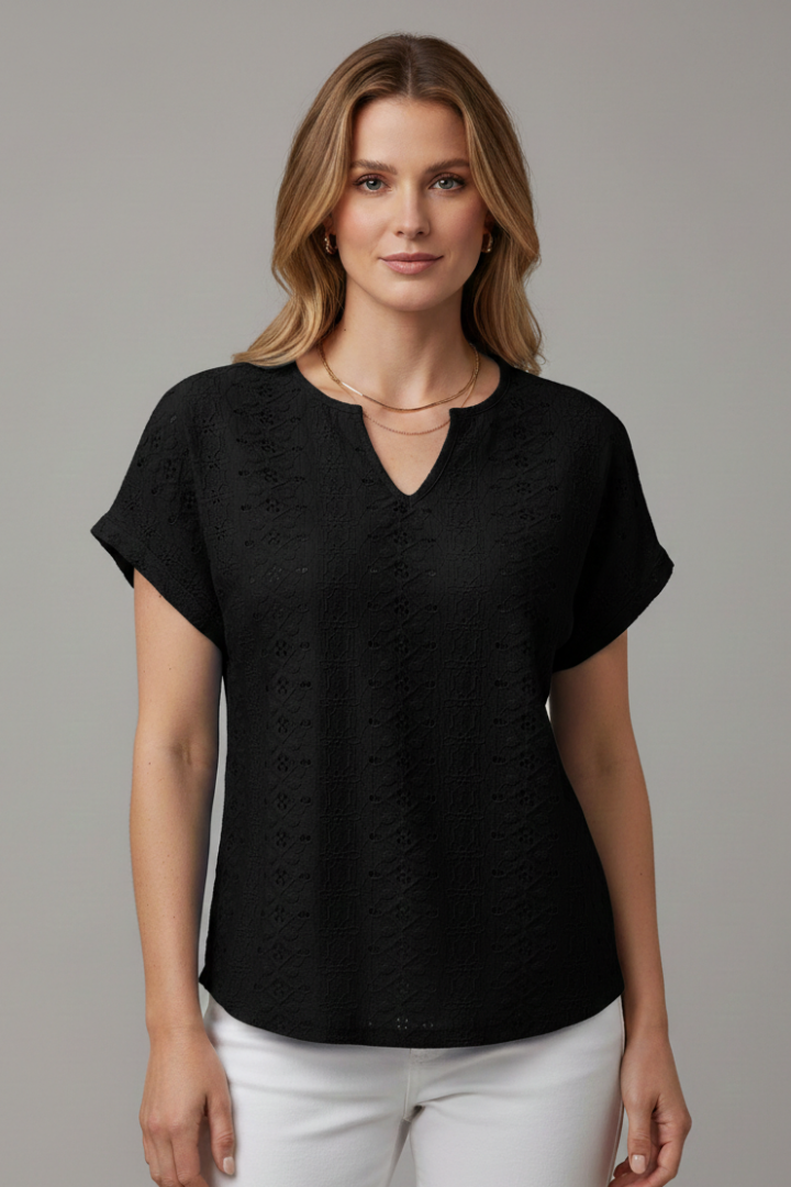 Women’s T-shirt with notched neckline and eyelet surface detailing, designed for casual wear and everyday outfits.
