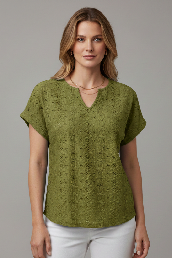 Women’s T-shirt with notched neckline and eyelet surface detailing, designed for casual wear and everyday outfits.