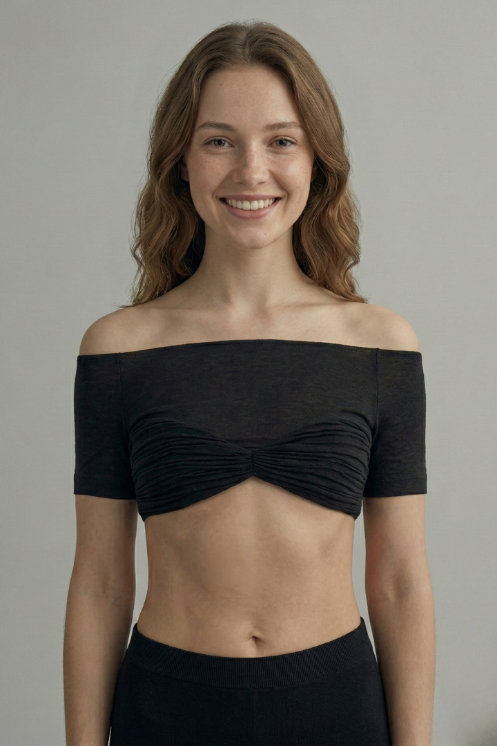 Women’s off-shoulder crop top with front ruching and short sleeves, ideal for summer outfits and casual evening styling.