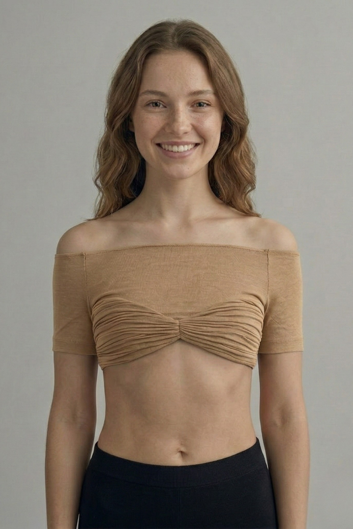 Women’s off-shoulder crop top with front ruching and short sleeves, ideal for summer outfits and casual evening styling.