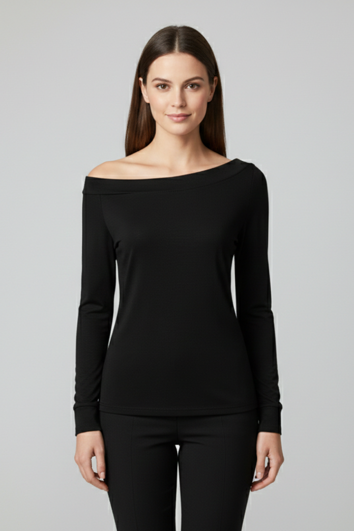 Women’s off-shoulder top with long sleeves and plain surface, suitable for casual wear, evening outfits, and everyday styling.