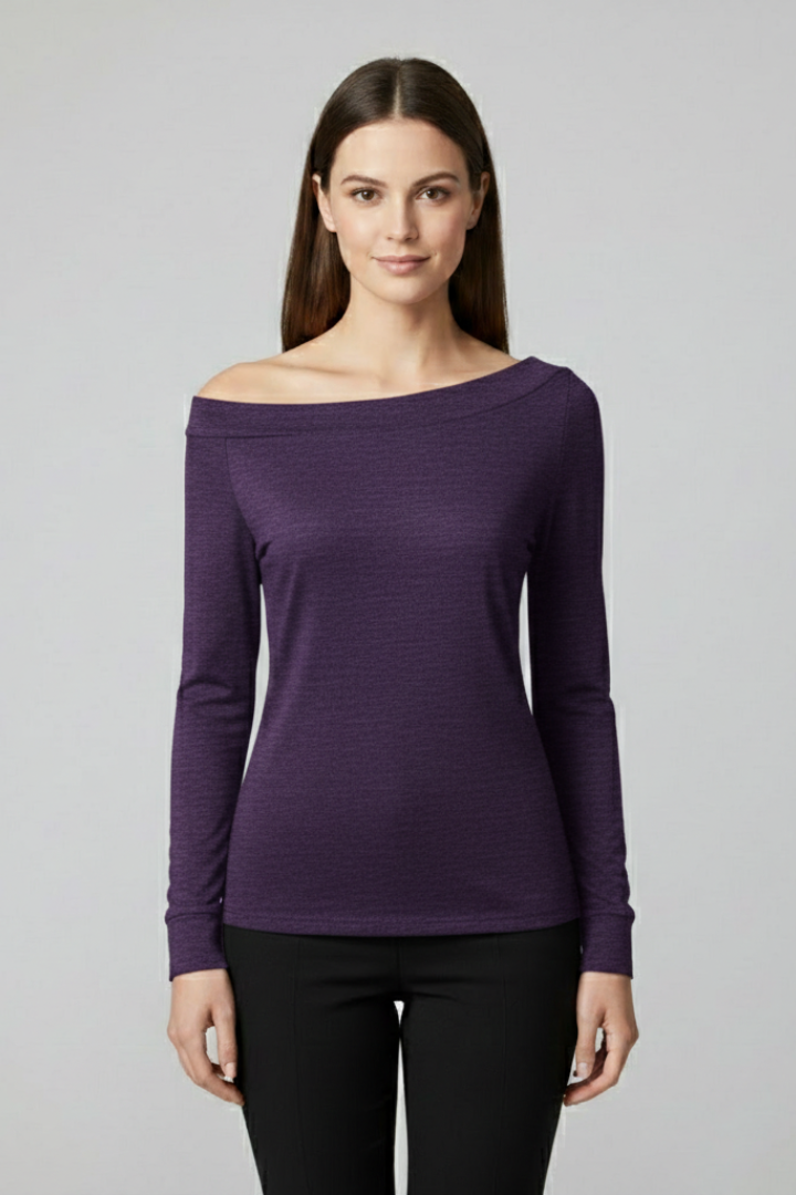 Women’s off-shoulder top with long sleeves and plain surface, suitable for casual wear, evening outfits, and everyday styling.