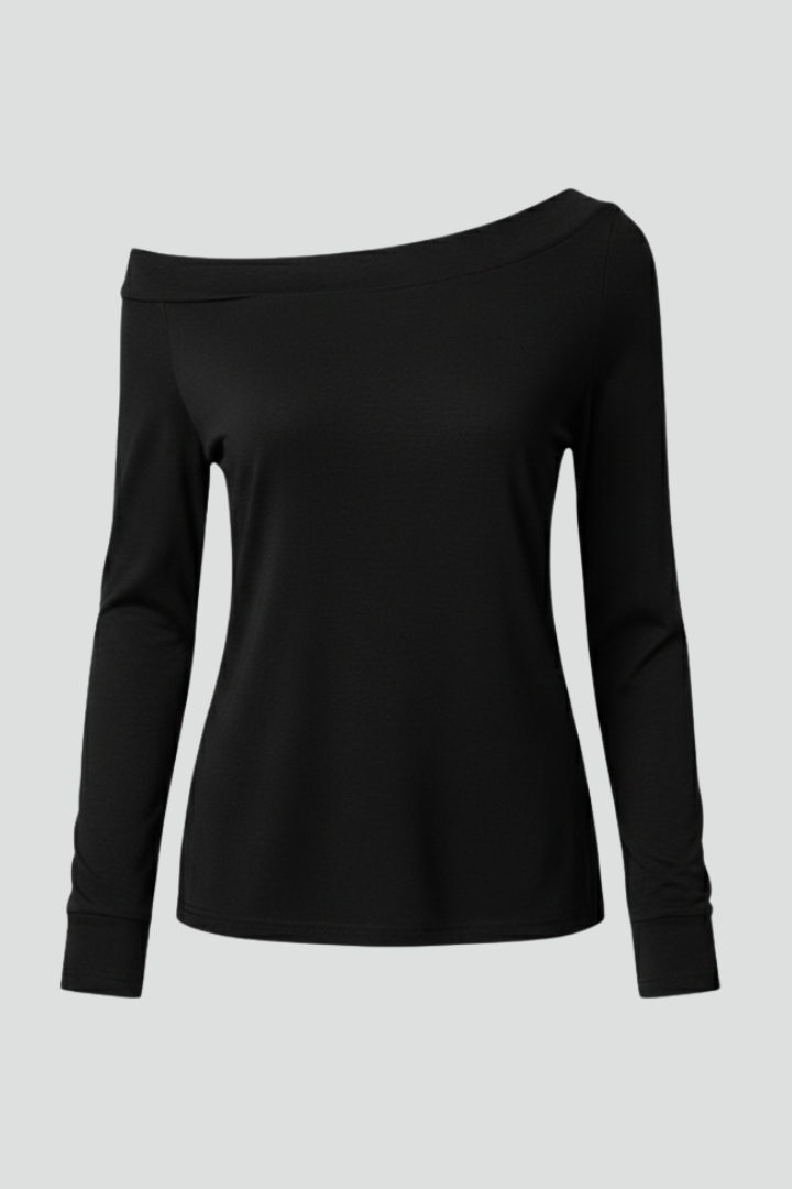 Women’s off-shoulder top with long sleeves and plain surface, suitable for casual wear, evening outfits, and everyday styling.