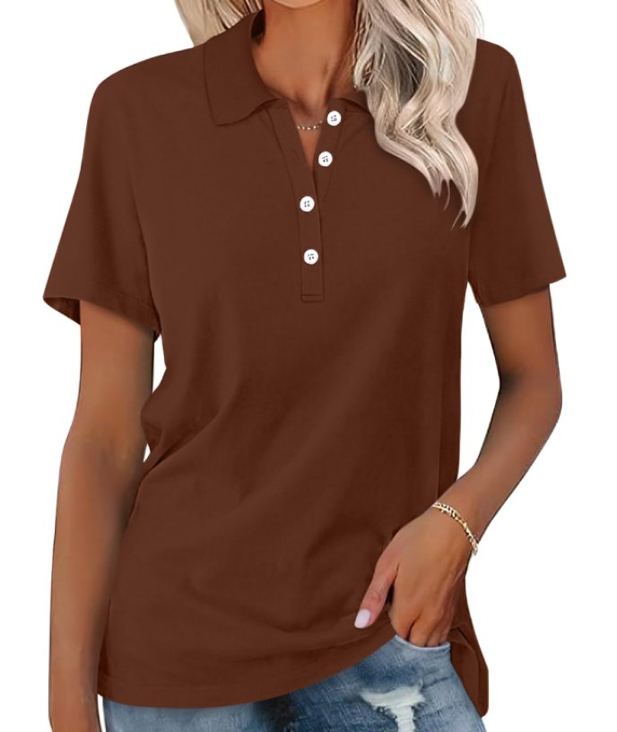 Women’s polo shirt with button placket, classic collar, and relaxed fit, suitable for casual outings, office casual outfits, and everyday wear.