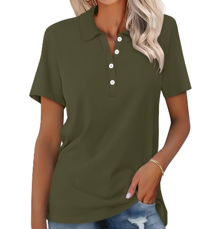 Women’s polo shirt with button placket, classic collar, and relaxed fit, suitable for casual outings, office casual outfits, and everyday wear.