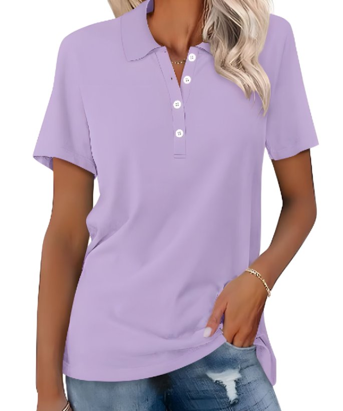 Women’s polo shirt with button placket, classic collar, and relaxed fit, suitable for casual outings, office casual outfits, and everyday wear.