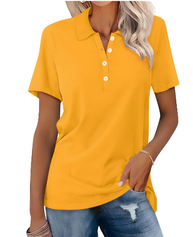 Women’s polo shirt with button placket, classic collar, and relaxed fit, suitable for casual outings, office casual outfits, and everyday wear.