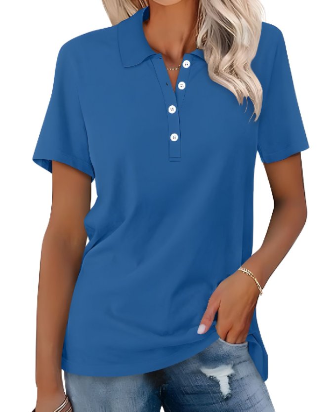 Women’s polo shirt with button placket, classic collar, and relaxed fit, suitable for casual outings, office casual outfits, and everyday wear.