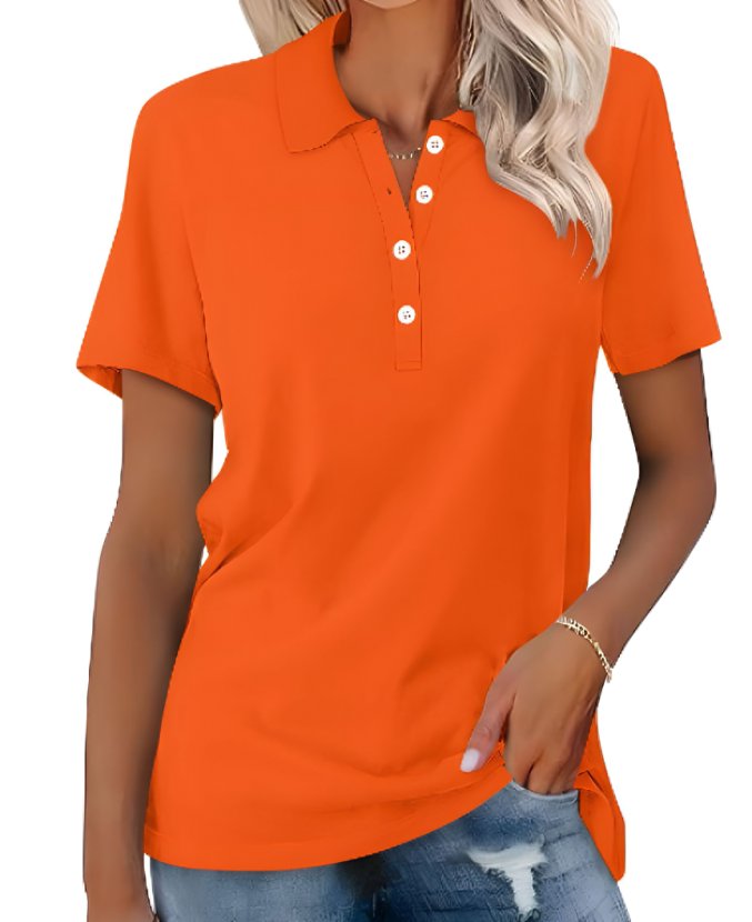 Women’s polo shirt with button placket, classic collar, and relaxed fit, suitable for casual outings, office casual outfits, and everyday wear.