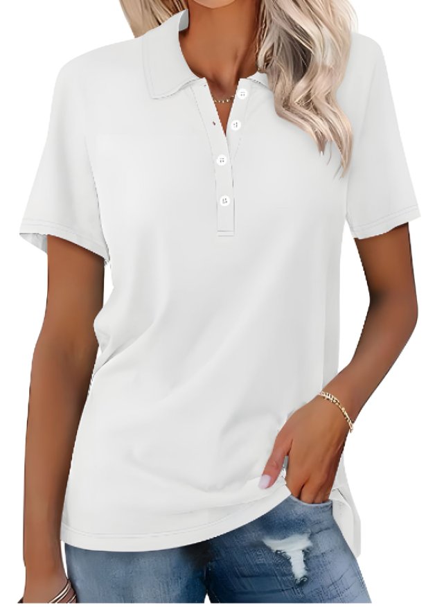 Women’s polo shirt with button placket, classic collar, and relaxed fit, suitable for casual outings, office casual outfits, and everyday wear.