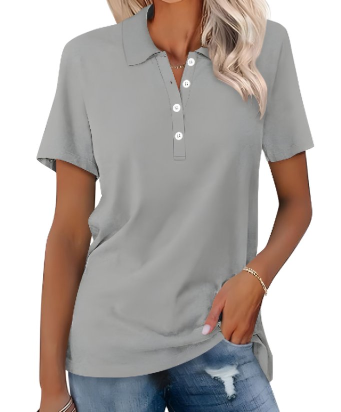 Women’s polo shirt with button placket, classic collar, and relaxed fit, suitable for casual outings, office casual outfits, and everyday wear.
