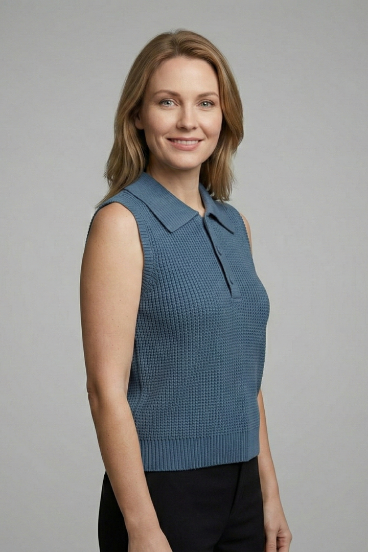 Women’s sleeveless polo top with button placket, wide shoulders, and textured finish, suitable for office wear and casual outfits.