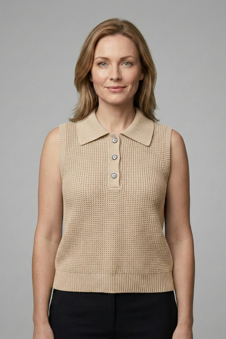 Women’s sleeveless polo top with button placket, wide shoulders, and textured finish, suitable for office wear and casual outfits.