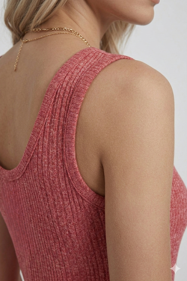 Women’s ribbed tank top with round neckline and front buttons, designed for casual wear and summer outfits