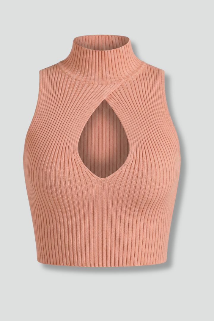 Women’s ribbed crop top with high neckline and front cut-out, ideal for casual summer outfits and evening fashion styling.