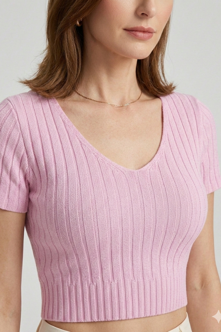 Women’s fitted ribbed crop top with short sleeves and round v-neckline, ideal for casual everyday wear and summer styling.