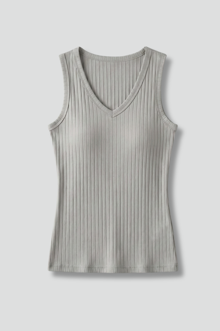 Women’s ribbed tank top with v-neckline and wide shoulder straps, designed for casual wear and summer outfits