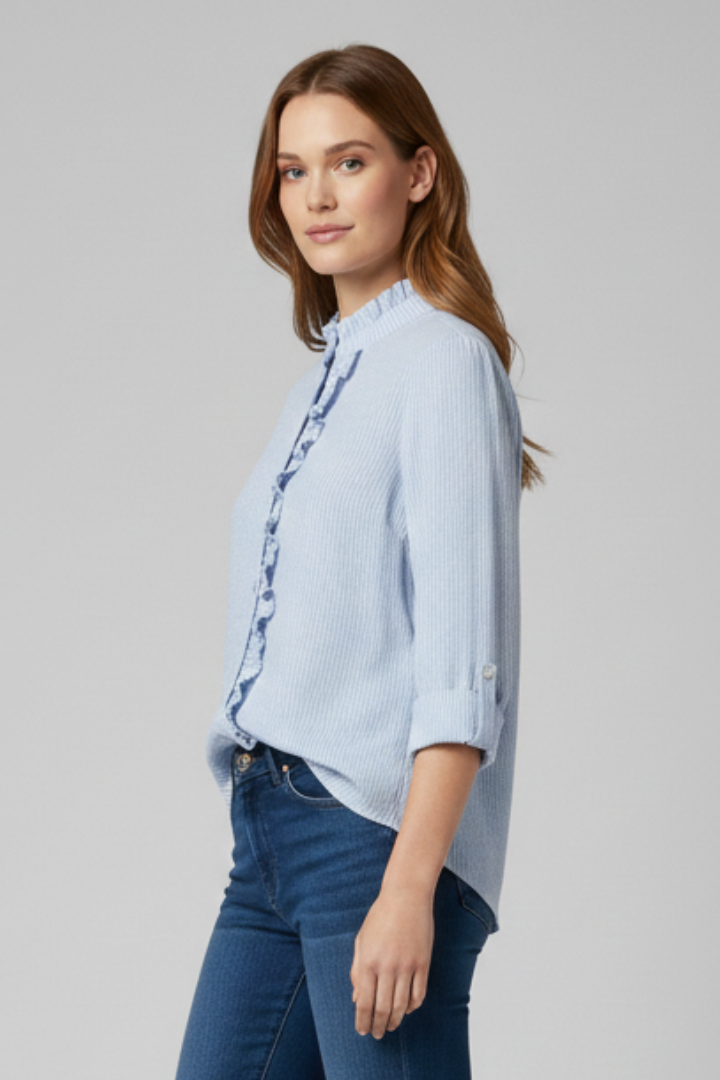 Women’s round neck blouse with smooth finish and long sleeves, suitable for work and everyday outfits