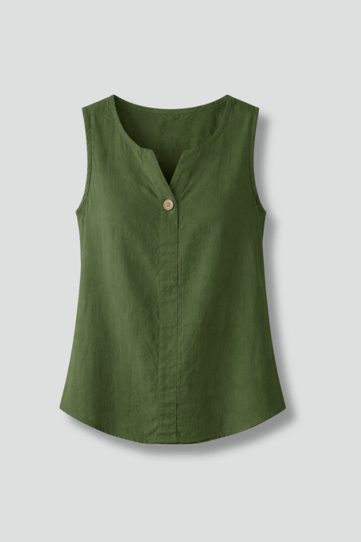 Women’s sleeveless blouse with round neckline and front button detail, suitable for casual wear and office outfits