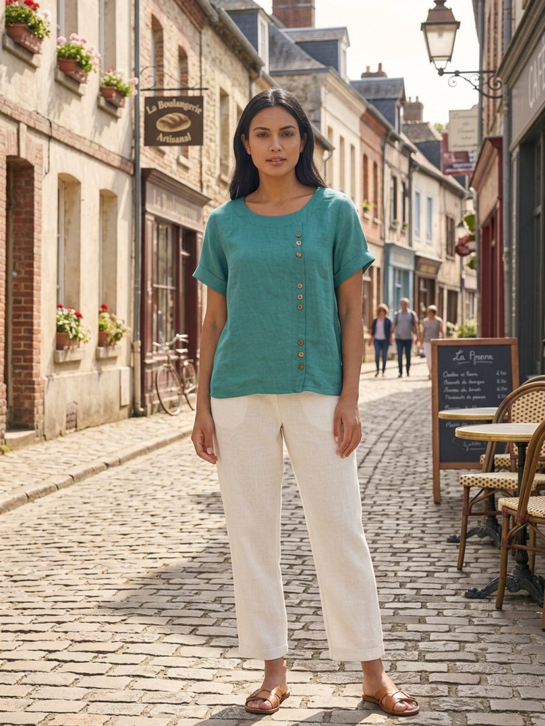 Women’s round neck blouse with button detailing and a relaxed fit, suitable for summer outfits, casual wear, and everyday styling.
