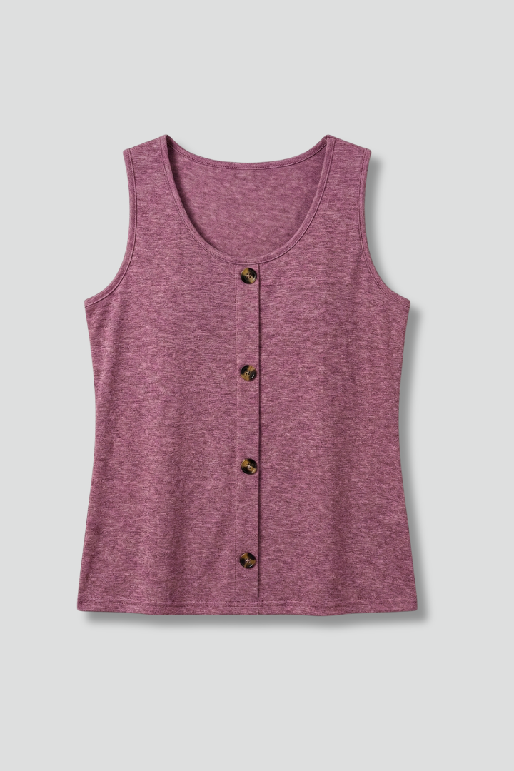 Women’s sleeveless top with round neckline and decorative front buttons, suitable for casual wear and office outfits