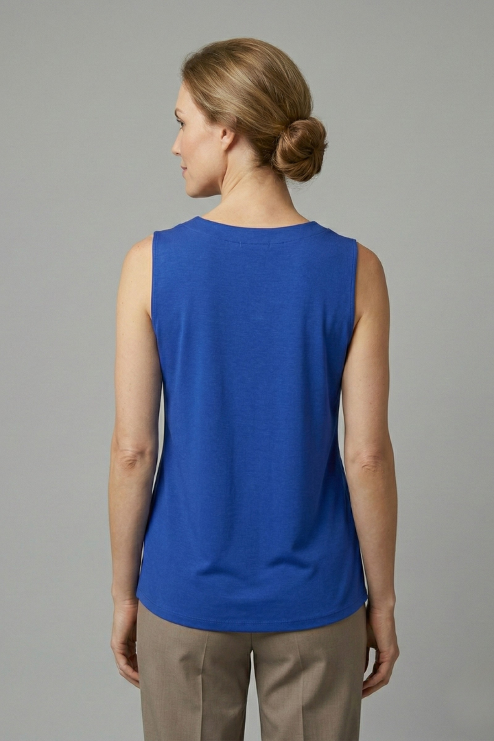 Women’s sleeveless top with round neckline and front pleats, designed for casual wear and summer outfits