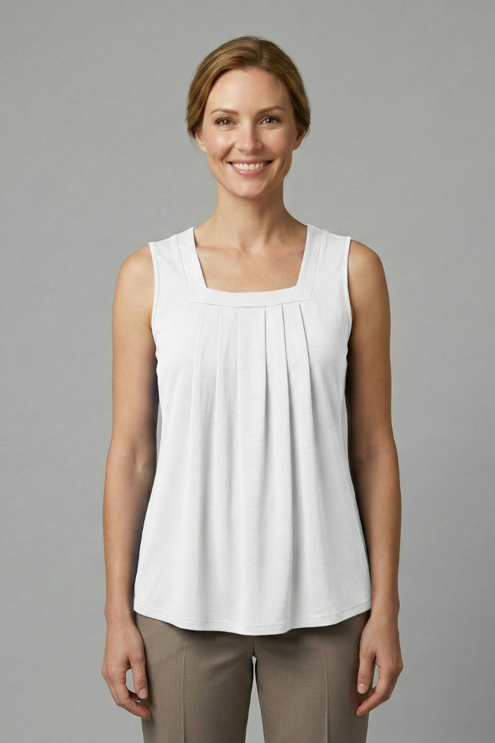 Women’s sleeveless top with round neckline and front pleats, designed for casual wear and summer outfits